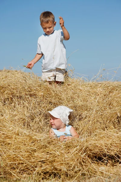 Two kids playing in haystack — Stock Photo, Image