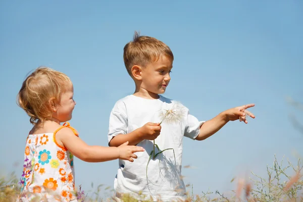 Duas crianças brincando com grandes dandellions — Fotografia de Stock