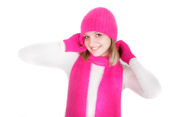 Attraente ragazza in cappello luminoso e sciarpa su bianco — Foto Stock