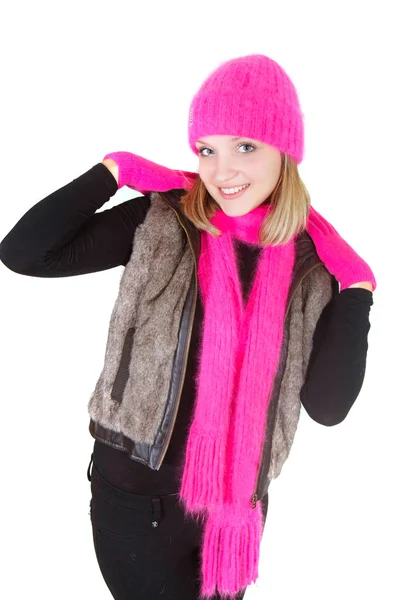 Attractive girl in bright hat and scarf over white — Stock Photo, Image