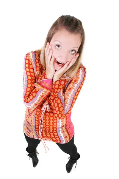 Funny portrait of surprised girl over white — Stock Photo, Image