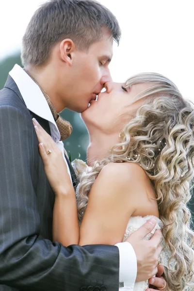 Kissing couple on their wedding day — Stock Photo, Image