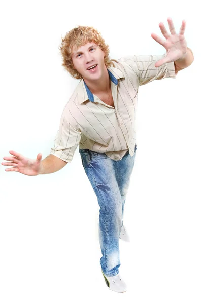 Νεαρός άντρας εξισορρόπηση πάνω από λευκό — Φωτογραφία Αρχείου