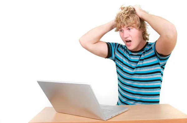 Shocked guy with notebook over white — Stock Photo, Image