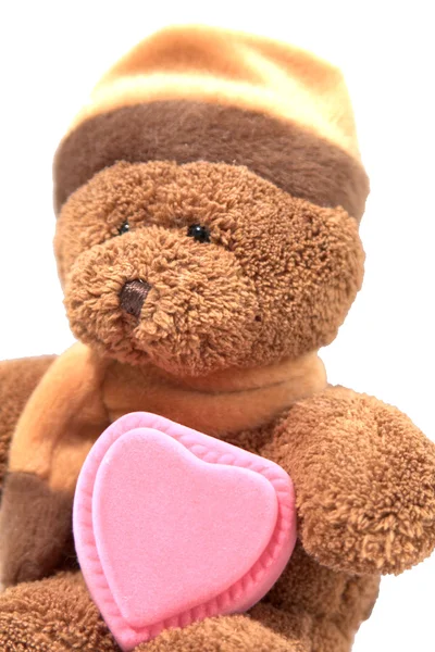 Teddy bear with pink heart box — Stock Photo, Image