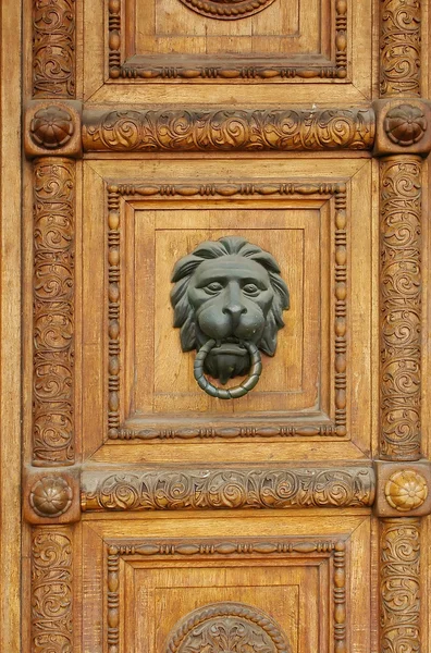 Houten deur met leeuwenkop-deurknop — Stockfoto