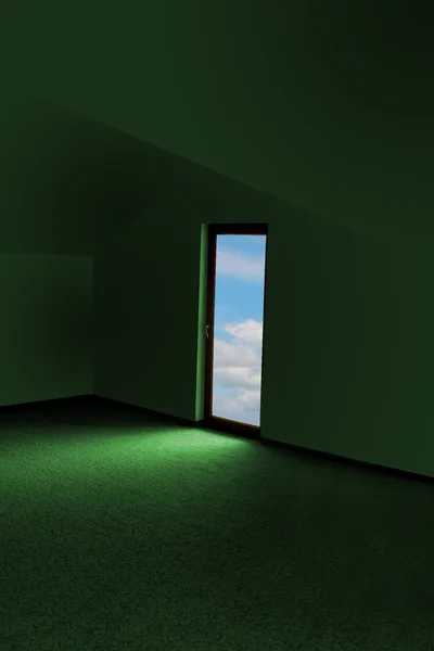 Πράσινο δωμάτιο και πόρτα με θέα στον ορίζοντα — Φωτογραφία Αρχείου