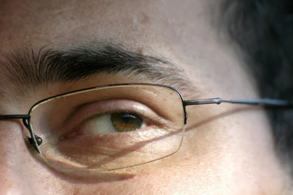 close up of eye and glasses