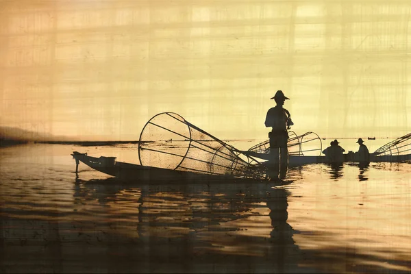 Pescatori su vecchia carta papirus — Foto Stock