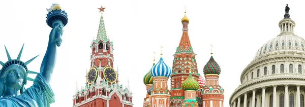 Arkkitehtoniset symbolit Yhdysvaltojen ja Venäjän yli valkoinen — kuvapankkivalokuva