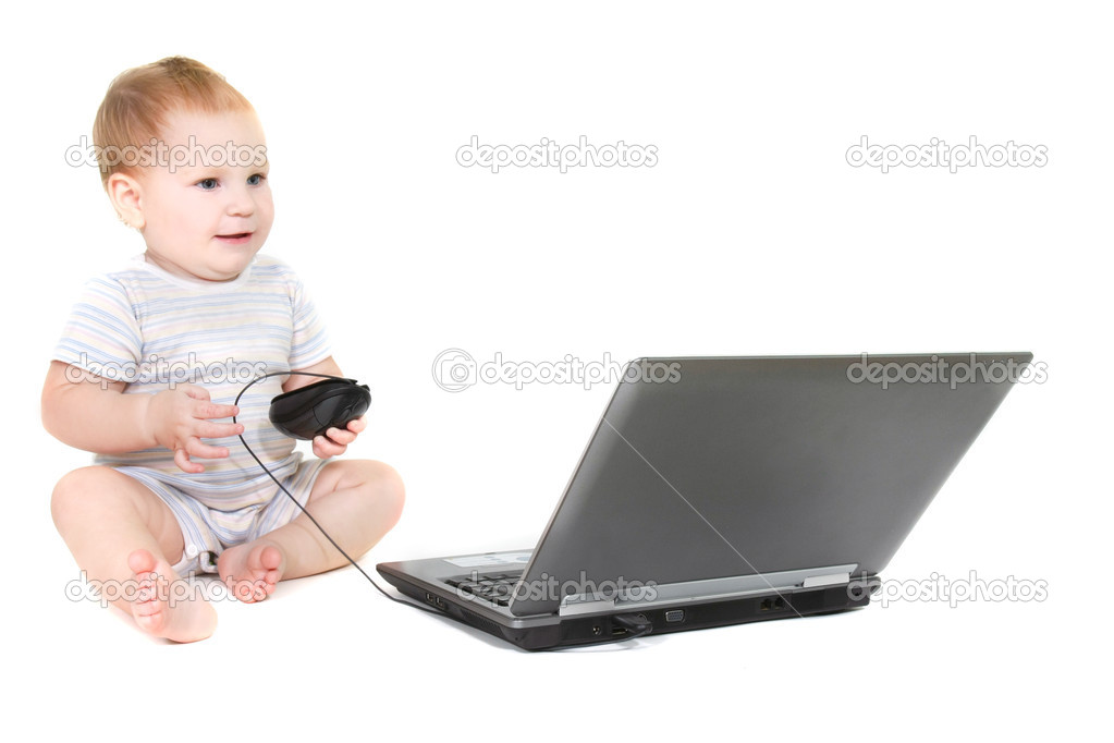Cute toddler with laptop over white