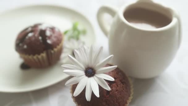 Hemmagjorda muffins serveras till frukost eller dessert, cupcakes på ljus vit-grå bakgrund — Stockvideo