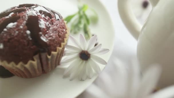Σπιτικά muffins σερβιρισμένα για πρωινό ή επιδόρπιο, cupcakes σε ανοιχτό λευκό-γκρι φόντο — Αρχείο Βίντεο