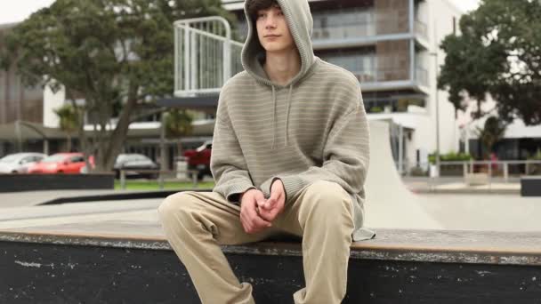 Portret van tiener jongen op natuurlijke achtergrond — Stockvideo