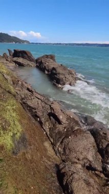boş kumlu sahil manzarası kayalar ve su, deniz kıyısı, turizm beldesi, uzak kıyı şeridi, Yeni Zelanda, Auckland plajı, dikey oryantasyon