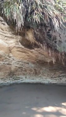 boş kumlu sahil manzarası kayalar ve su, deniz kıyısı, turizm beldesi, uzak kıyı şeridi, Yeni Zelanda, Auckland plajı, dikey oryantasyon