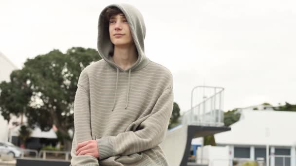 Portret van tiener jongen op natuurlijke achtergrond — Stockvideo