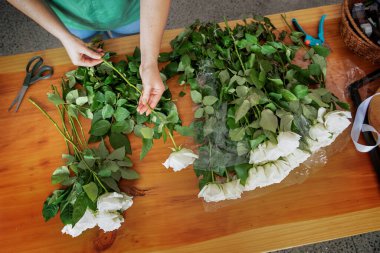 Küçük bir iş. Çiçekçide odaklanmış olmayan kadın çiçekçi. Çiçek tasarım stüdyosu, dekorasyon ve düzenlemeler. Çiçek teslimatı, düzen yaratmak. 