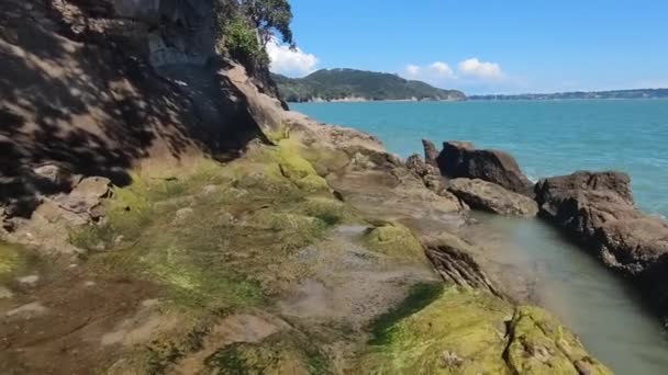 Vista a la playa de arena vacía con rocas y agua, costa, destino turístico, costa remota, Nueva Zelanda, playa de Auckland, orientación horizontal — Vídeo de stock