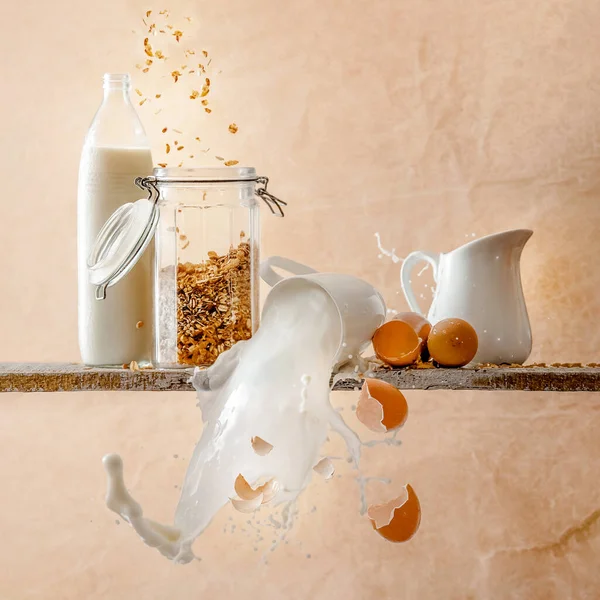 Milk Cereals Eggs Standing Wooden Shelf Milk Falling Out Mug — Stock Photo, Image