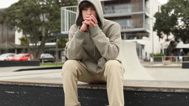 Portret van tiener jongen op natuurlijke achtergrond — Stockvideo