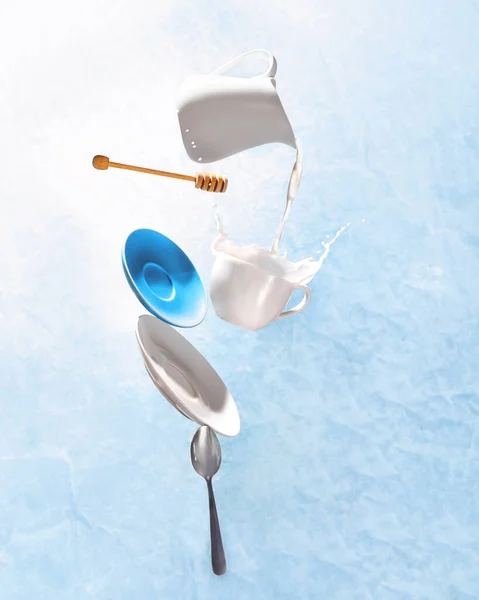 Сбалансированная Левитирующая Посуда Ложка Чашка Тарелка Молочный Горшок Сложены Молочным — стоковое фото