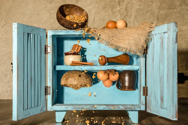 Baking Breakfast Ingredients Old Vintage Cupboard Standing Shelves Side Levitating — Stock Photo, Image