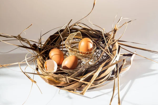 Tiny Baby Pram Real Eggs Nest Grey Background Newborn Birth — Stock Photo, Image