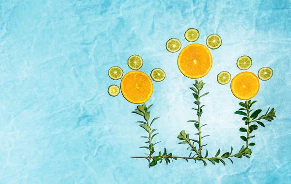 Citrus Oranges Limes Arranged Flowers Blue Background Health Lifestyle Diet — Stock Photo, Image