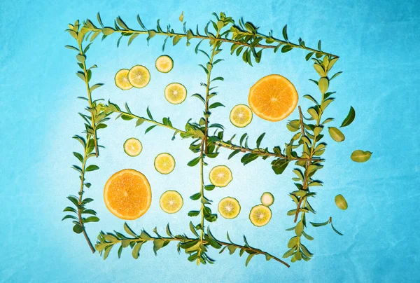 Citrus Oranges Limes Arranged Tic Toc Game Window Frame Blue — Stock Photo, Image
