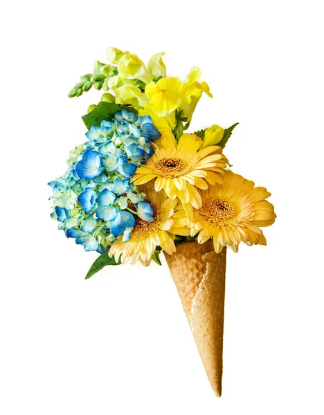 Fresh Flowers Sweet Waffle Cone Ice Cream Isolated White Background — Stock Photo, Image