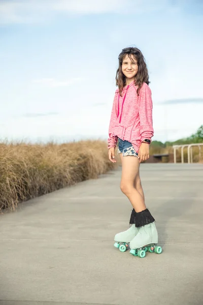 Portrait Young Child Teen Girl Roller Skating Outdoors Firness Wellbeing — Stock Photo, Image