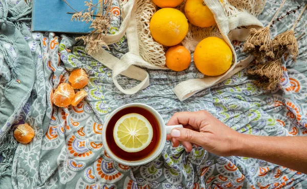 Verano Picnic Flatlay Frutas Naranjas Bolsa Cuerda Libro Mano Sosteniendo — Foto de Stock
