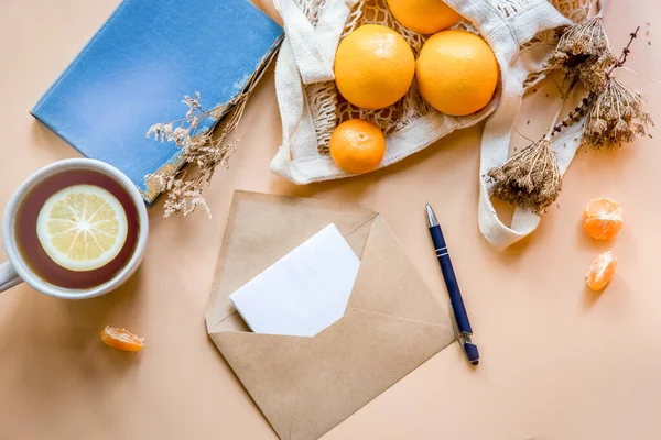 Verão Piquenique Flatlay Frutas Laranjas Saco Cordas Envelope Carta Livro — Fotografia de Stock