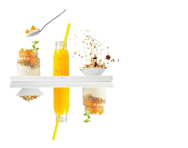Healthy Breakfast Homemade Granola Cereals Fresh Orange Juice Glass Bottle — Stock fotografie