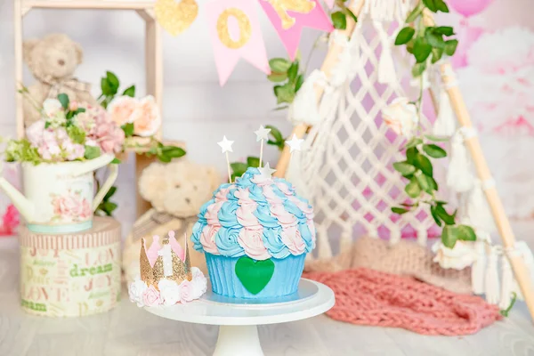 Pink White Decoration 1St Birthday Cake Smash Studio Photo Shoot — 스톡 사진