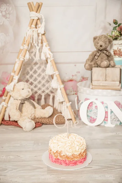 Pink White Decoration 1St Birthday Cake Smash Studio Photo Shoot — 图库照片