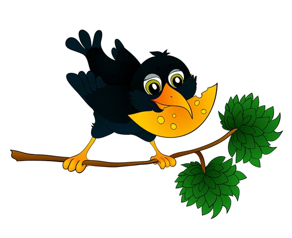 Raven on a branch with cheese in its beak — Stock Vector