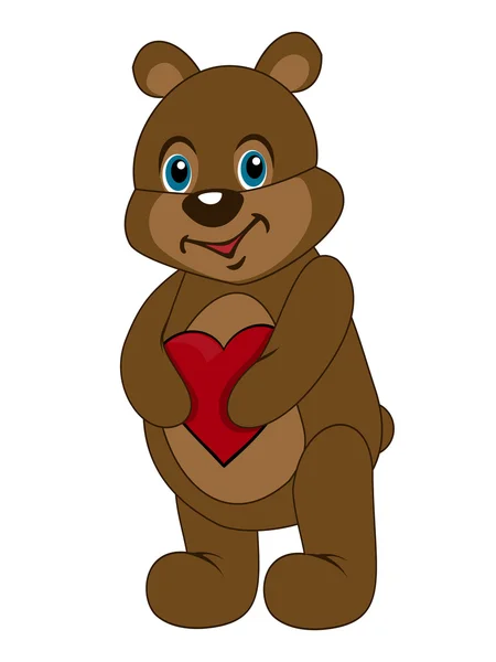 Lindo oso de peluche sosteniendo un corazón en las patas. Postal para San Valentín — Vector de stock