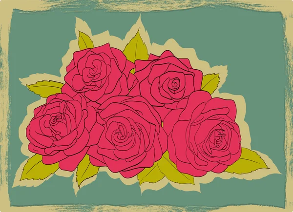 Scheda vintage con bordi sfilacciati. Bouquet di rose rosa con foglie su sfondo blu — Vettoriale Stock