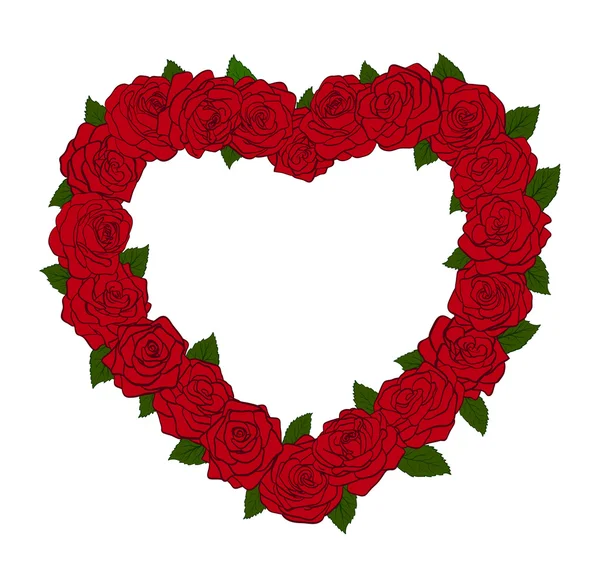 Het frame in de vorm van een silhouet van het hart, omzoomd met bloemen rozen en bladeren. groot item voor kaartontwerpen — Stockvector