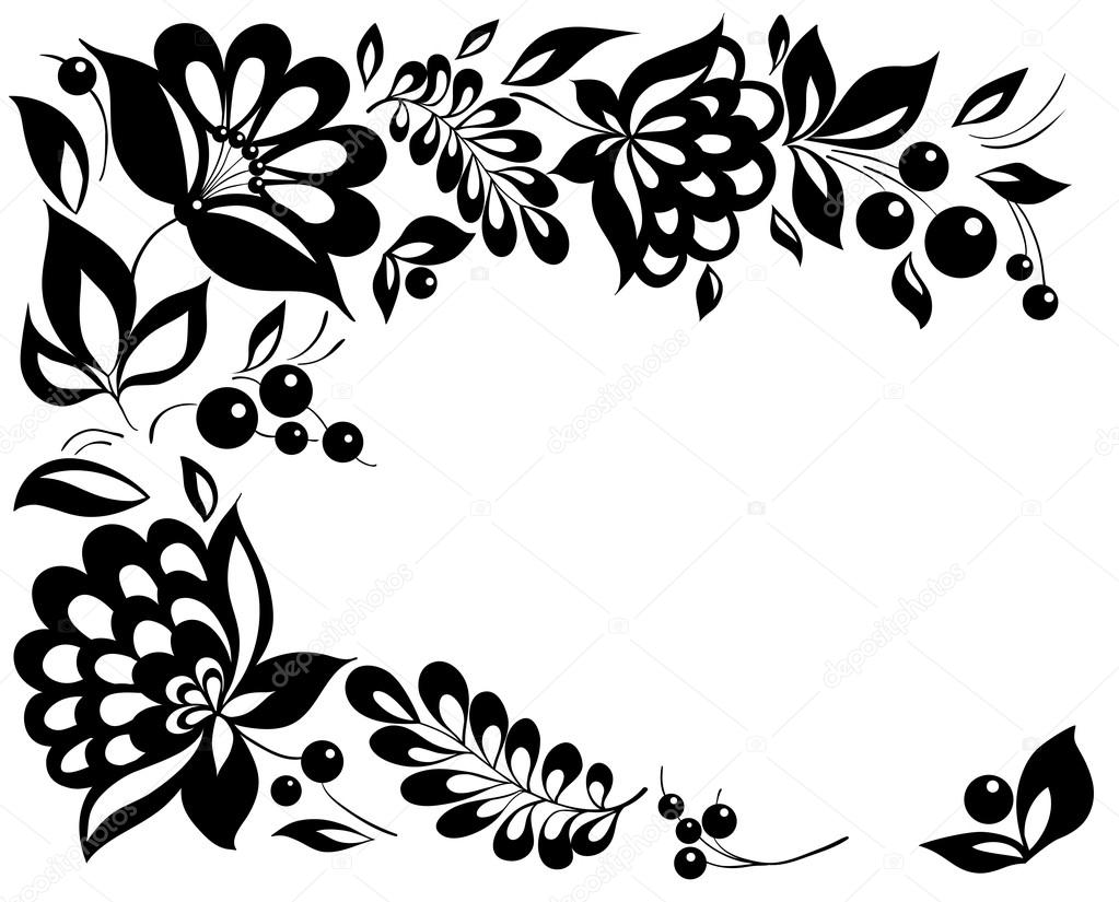 Black-and-white flowers and leaves. Floral design element in retro style