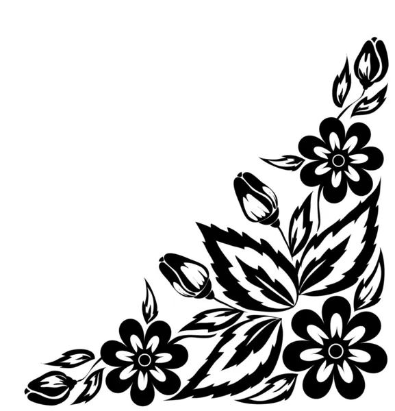 Abstract black and white floral arrangement in the form of border angle. Isolated on white background — Stock Vector