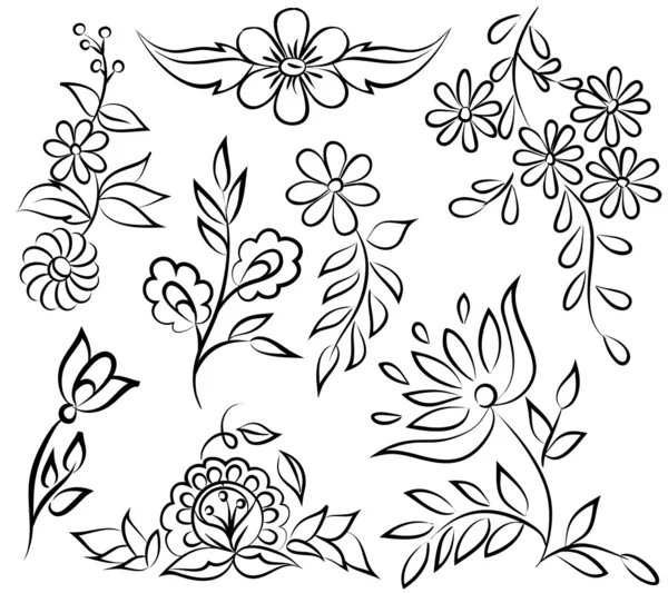 Abstracte zwarte en witte bloemen regeling in de vorm van rand hoek. geïsoleerd op witte achtergrond — Stockvector