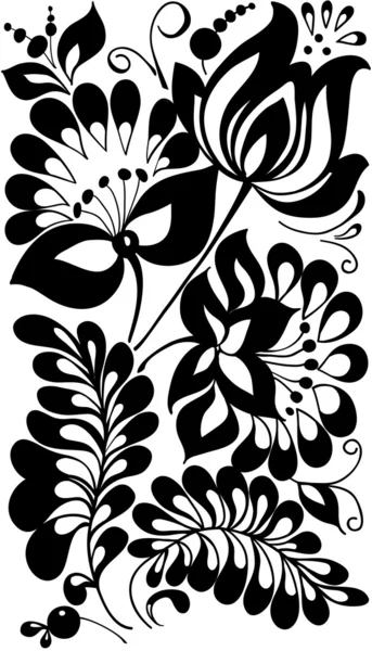 Flores e folhas pretas e brancas. Elemento de design floral em estilo retro — Vetor de Stock
