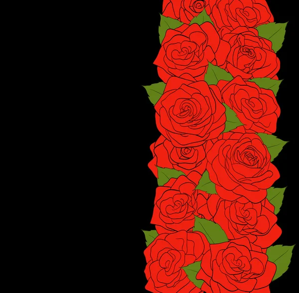 Vertical floral composition. Beautiful red roses with buds and green leaves on a black background. — Stock Vector