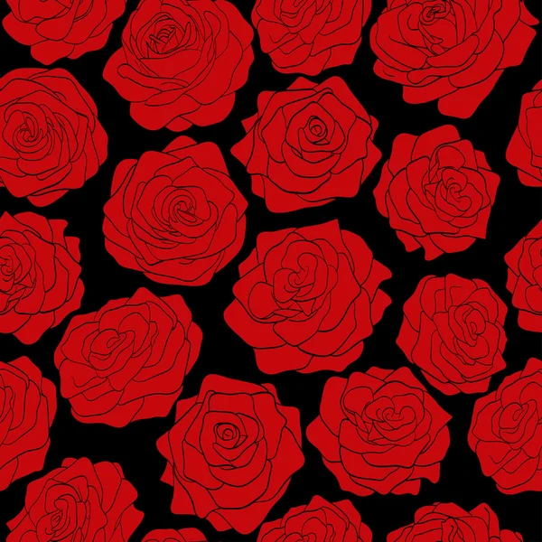 Patrón sin costuras de rosas rojas sobre un fondo negro — Vector de stock