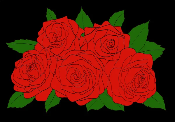 黒の背景にクローズ アップする緑の葉と赤いバラ — ストックベクタ