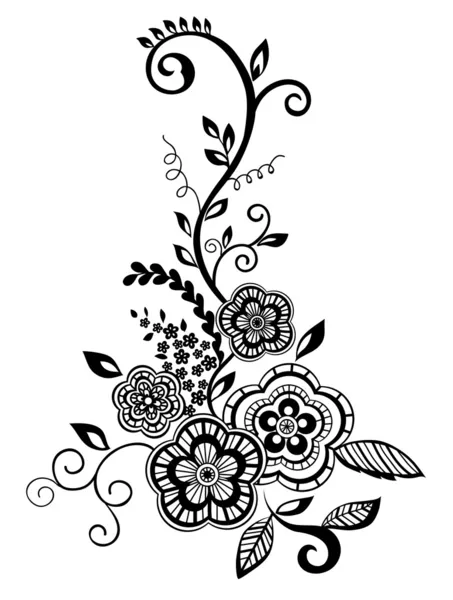 Beautiful floral element. Black-and-white flowers and leaves design element with imitation guipure embroidery. — Stock Vector