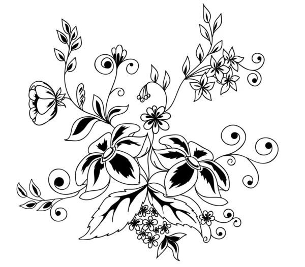 Beautiful floral element. Black-and-white flowers and leaves design element with imitation guipure embroidery. — Stock Vector